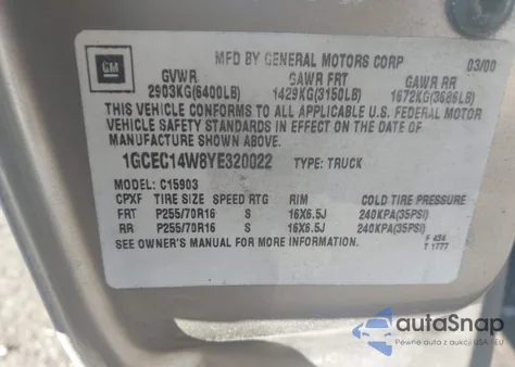 2000 Chevrolet Silverado 1500 from USA, damaged, VIN 1GCEC14W8YE320022